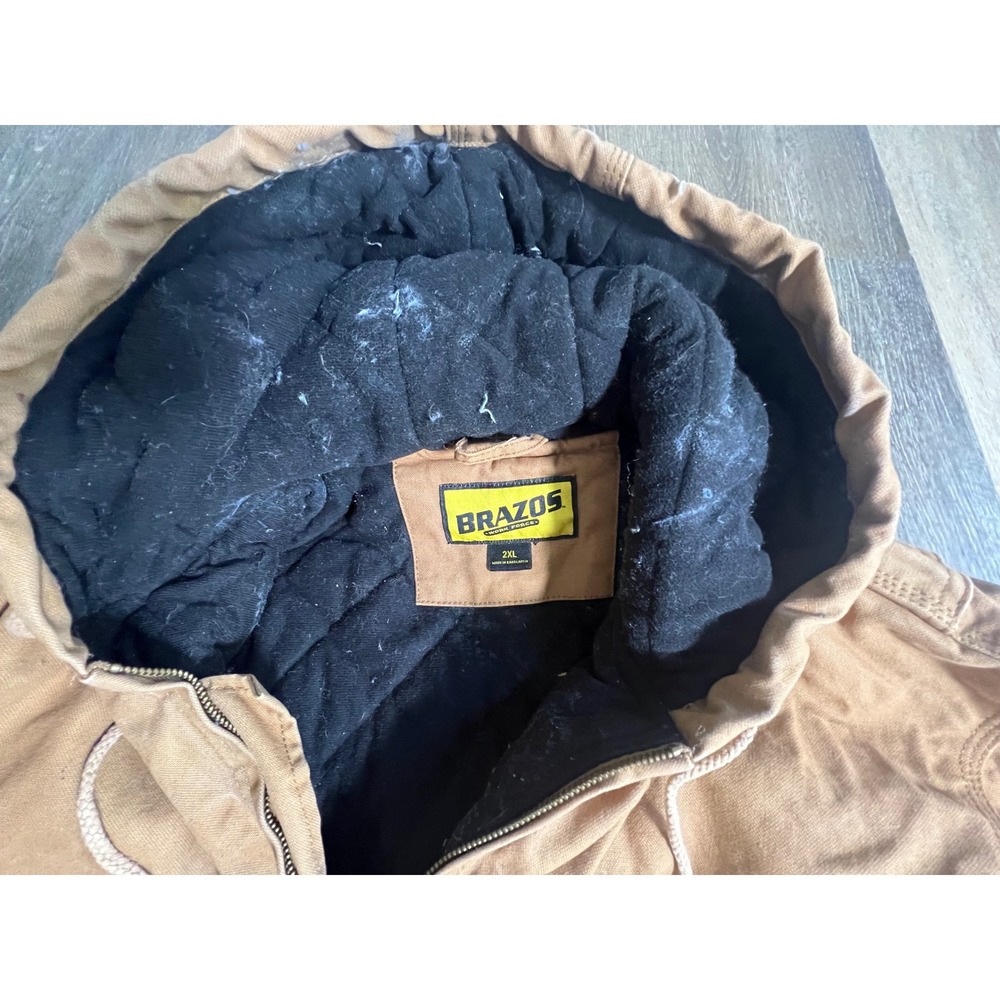 Brazos Work Wear Hooded Canvas Jacket Mens 2XL Brown Quilted Lined Zip Up Coat - Picture 2 of 7